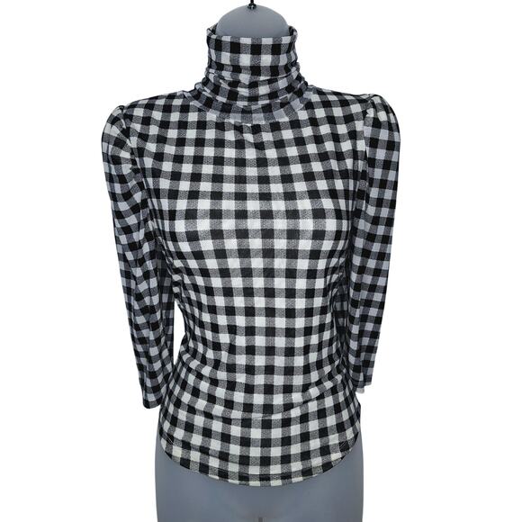 Free People Gather Gingham Mesh Turtleneck Small Black and White Puff Sleeve - Picture 1 of 10